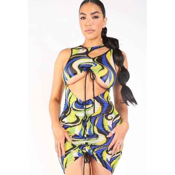 Women's Cut-Out Casual Printed Air Mesh Sleeveless Sexy Dress Party Clubwear - Picture 10 of 11